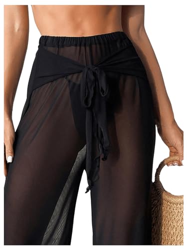 Women's Sheer Mesh Tie Front Bathing Suit Cover Up Pants Wide Leg Loose Swimsuit Cover Up Beach Pants2
