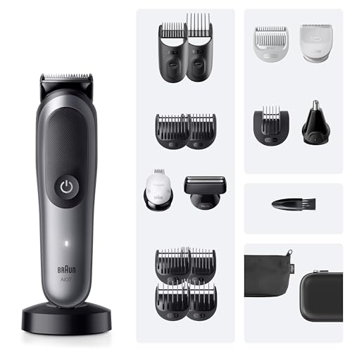 Braun All-in-One Series 7, 18-in-1 Multigroom, Barttrimmer, Nasenhaartrimmer, Haarschneidemaschine für Gesicht, Kopf und Körper, 120 Min Akku, 14 Längen (0.1–21 mm), Wasserdicht, AIO7585, Grau