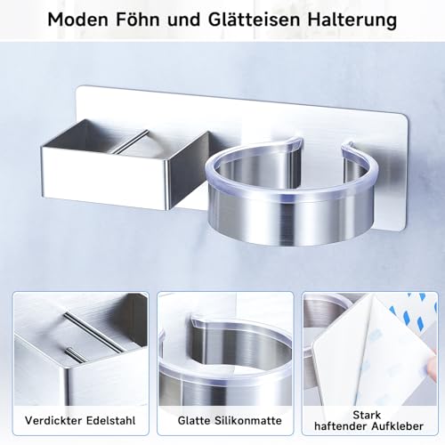 YYBO Fönhalter Ohne Bohren, Glätteisen Halterung, Föhn Halterung für Haartrockner und Glätteisen, Föhnhalter Wand, Haartrocknerhalter Wandhalterung, Selbstklebend Fönhalterung für Bad Hotel (Silber) 2