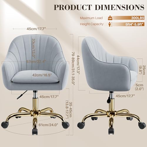Image of Vanity Chair with Wheels, Comfy Home Office Desk Chairs Adjustable Modern Velvet Makeup Vanity Chairs for Bedroom Living Room-Gray