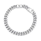 Pulsera para hombre de acero inoxidable con letras – plata pulsera cubana con letras A-Z pulseras para hombres jóvenes regalos de Navidad regalo de cumpleaños para papá hijo nieto hermano, 21CM, Acero