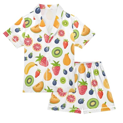 ALAZA Kiwi Fruit Strawberry Pajamas Satin Pajama Set Short Sleeve Button Down Sleepwear