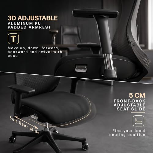 Image of DROGO Ultron Ergonomic Office Chair for Home & Work | Patented Flow Cable Mechanism Tech | Memory Foam Headrest & Lumbar Support | 3D Aluminium Armrest, Seat Slider, 135 Recline with Tilt Lock(Black)