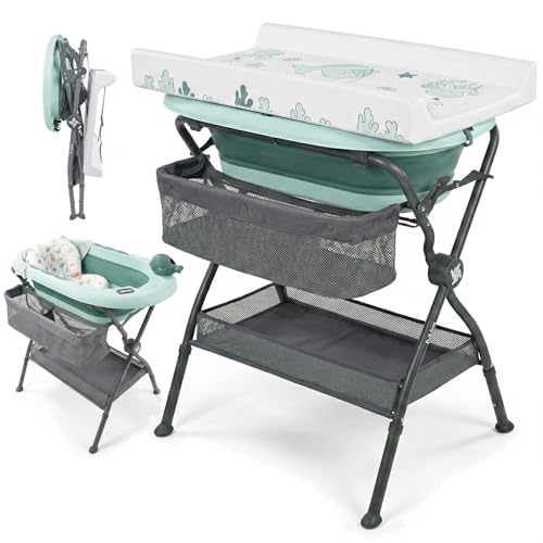 Twinly Bubbly – Bañera Cambiador Plegable para Bebé 2 en 1 – Altura Regulable Ergonómica, Bañera Extraíble para Playa y Viajes, Soporte Estable con Desagüe, Ideal para Baños Pequeños (Verde)
