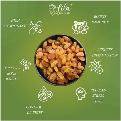 Image of LILA DRY FRUITS Golden Raisin 250 gms | Premium Seedless Green Kishmish | Nutritious Dried Grapes Rich in Iron & Vitamin B | Ideal for Snacking, Baking, Cooking | Perfect for Gifting
