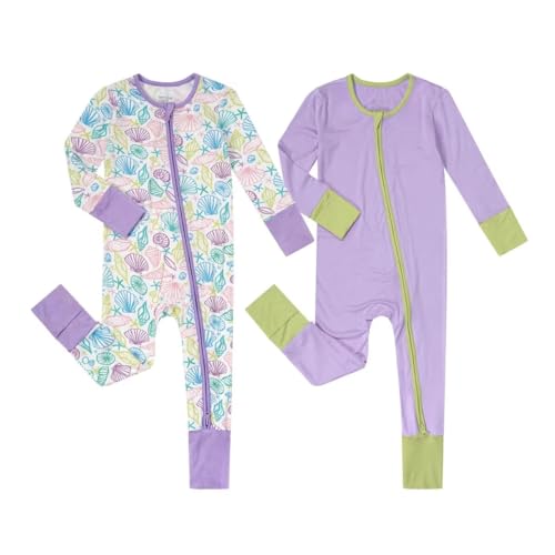 Image of Teach Leanbh Unisex Baby 2 Pack Bamboo Viscose Pajamas with Mittens and Feet Cuffs 2 Way Zipper Long Sleeve Romper