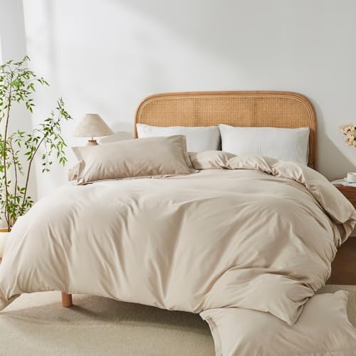 OAITE 100% Washed Cotton Duvet Cover Queen Size Soft Breathable Durable Bedding with Zipper Closure & 8 Corner Ties- 3 Pieces Plain Simple Duvet Cover Set,2 Pillow Shams,1 Duvet Cover(90"x90")