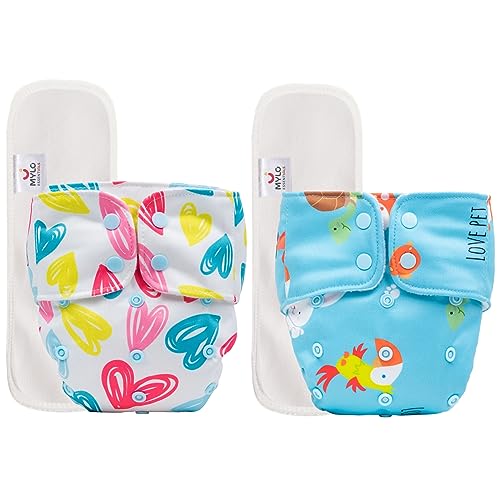 Image of Mylo Leak Proof Baby Cloth Diapers (2 Diaper & 2 Inserts) for 3 Months to 3 Years Babies | Washable & Reusable| Adjustable Waist & Height| Oeko Tex Certified-Heart Doodle, Pet Love