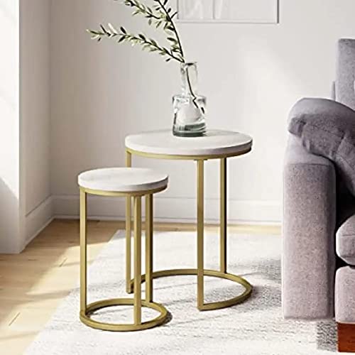 Image of Brown Arts Shoppee Round Nesting Tables Simple Modern Small Round Table MDF Top Metal Table Living Room Sofa Set of 2 (Golden & White)