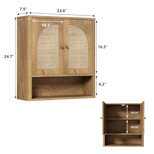 Armario de baño mural RUSTOWN de ratán con 2 puertas arqueadas y estante ajustable | Armarios de almacenamiento sobre inodoro, armario de medicamentos moderno con bordes redondeados, organización para baño estilo mid-century miniatura 2