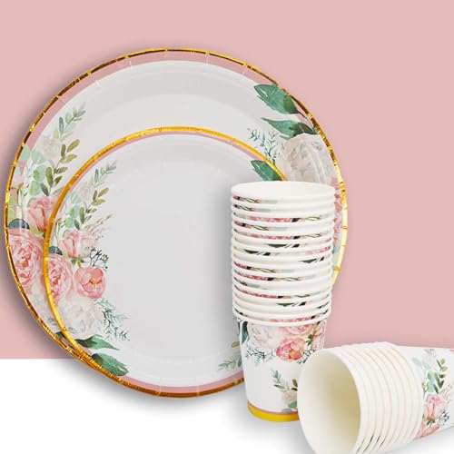 Floral Party Supplies - Bridal Shower Paper Plates & Napkins Set for 24 Guests - Disposable Dinnerware: Plates, Cups, Cutlery for Baby Shower, Tea Party
