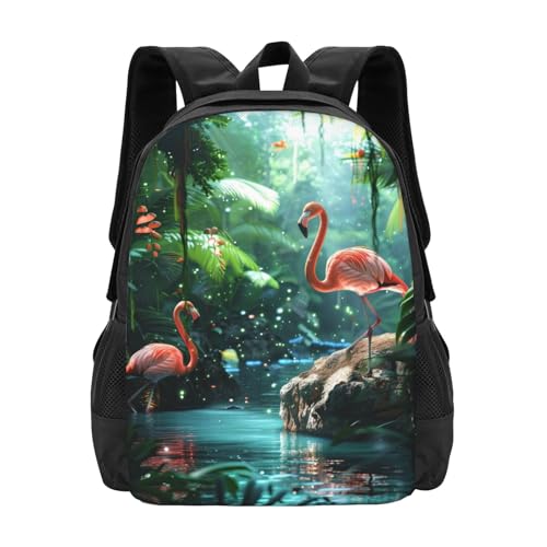 Summer Tropical Pink Flamingo Backbags Large Adjustable Backpack Lightweight Daypack for Men Women 16.5 Inches