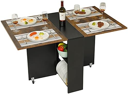Tiptiper Folding Dining Table with 6 Wheels, Kitchen Table with 2-Layer Storage Shelf, Space Saving Table for Small Apartment, Rustic Brown and Black, 31.5 in x 51.2 in x 28.4 in