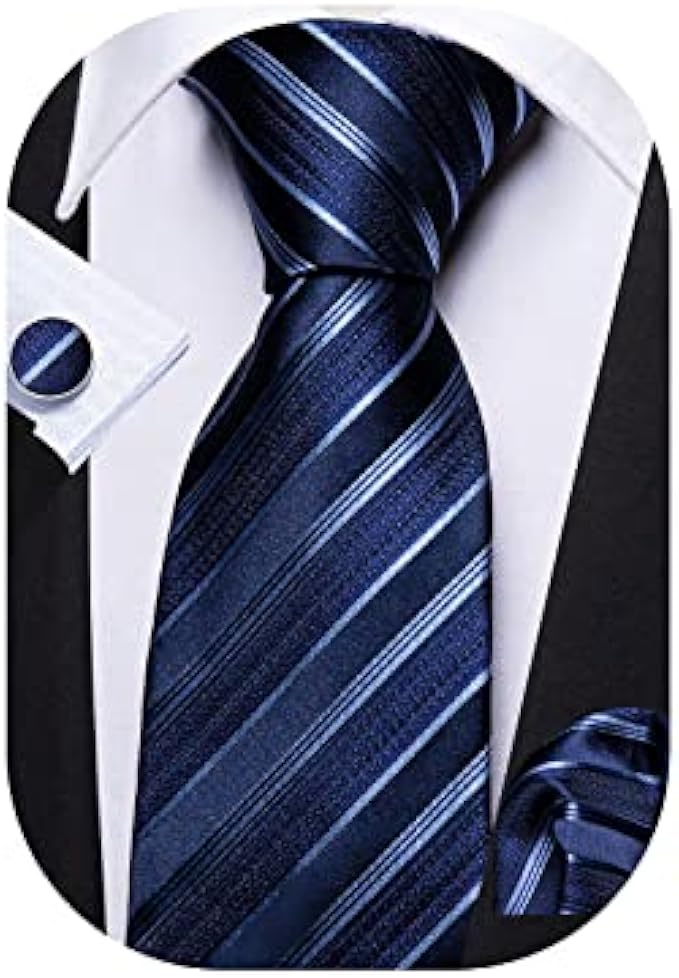 Barry.Wang Stripe Men Ties Set Classic WOVEN Necktie with Handkerchief Cufflinks Formal