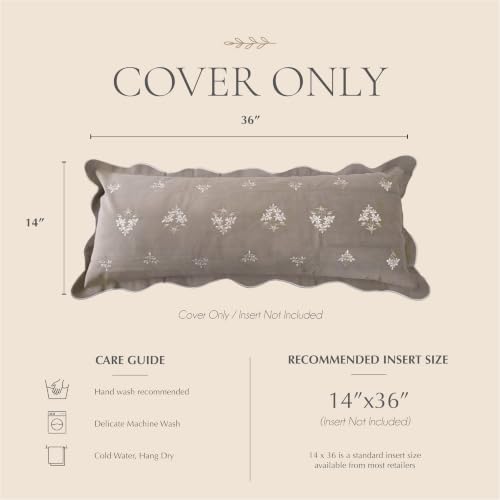 BlissBlush Long Lumbar Pillow Cover 14x36 for Bed, Taupe Velvet Decorative Lumbar Pillow Cover, Floral Accent Cushion Cover with Embroidery and Scalloped Edge for Couch Sofa Bed, Cover ONLY - image 6
