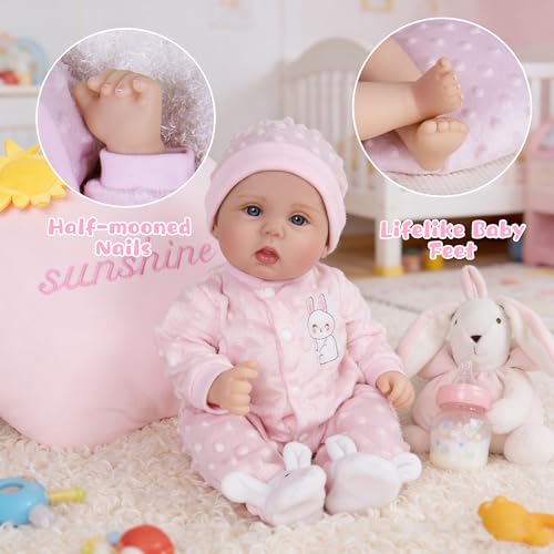 Image of EKOKIZ 18 Inch Reborn Baby Doll - Weighted Lifelike Newborn Girl with Soft Cloth Body, Vinyl Limbs & Rabbit-Themed Outfit, Realistic Hand-Painted Doll for Kids 3+ for Cuddling & Pretend Play
