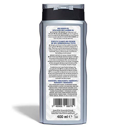 Marca Amazon - Solimo Gel de ducha para hombre con iones de plata y aceite de almendra- Paquete de 6 (6 Botellas x 400… - Imagen 3