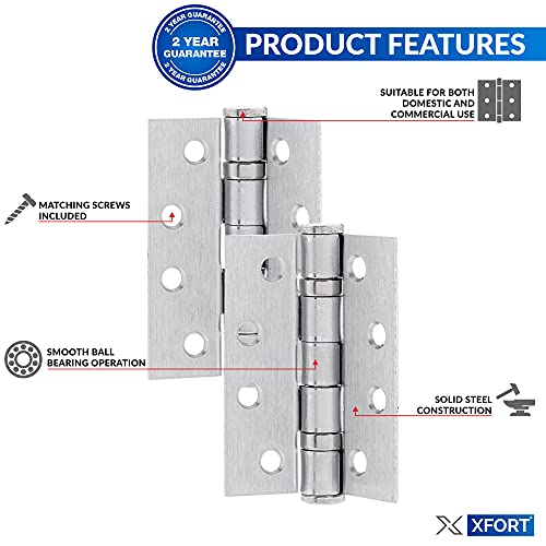 XFORT 4 Inch (100mm) Satin Chrome Ball Bearing Hinges, Steel Door Hinge for Wooden Doors (1.5 works) - Image 3