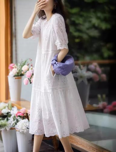 Image of chouyatou Women's Summer Puff Sleeve Midi Long Floral Eyelet Dress Embroidery Flowy Swing Party Dress