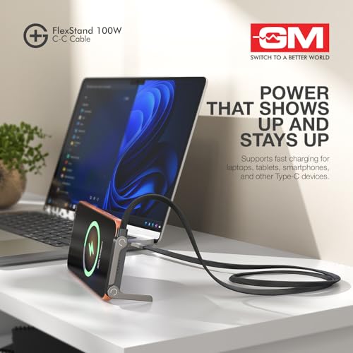 Image of GM G+ FlexStand 100W Type-C-C Cable | Built-in Stand for Portrait & Landscape Viewing | 4.5mm Flat design | 20,000 bend cycles tested Nylon Braided |Laptops,Tablets, Smartphones |1 Year Warranty