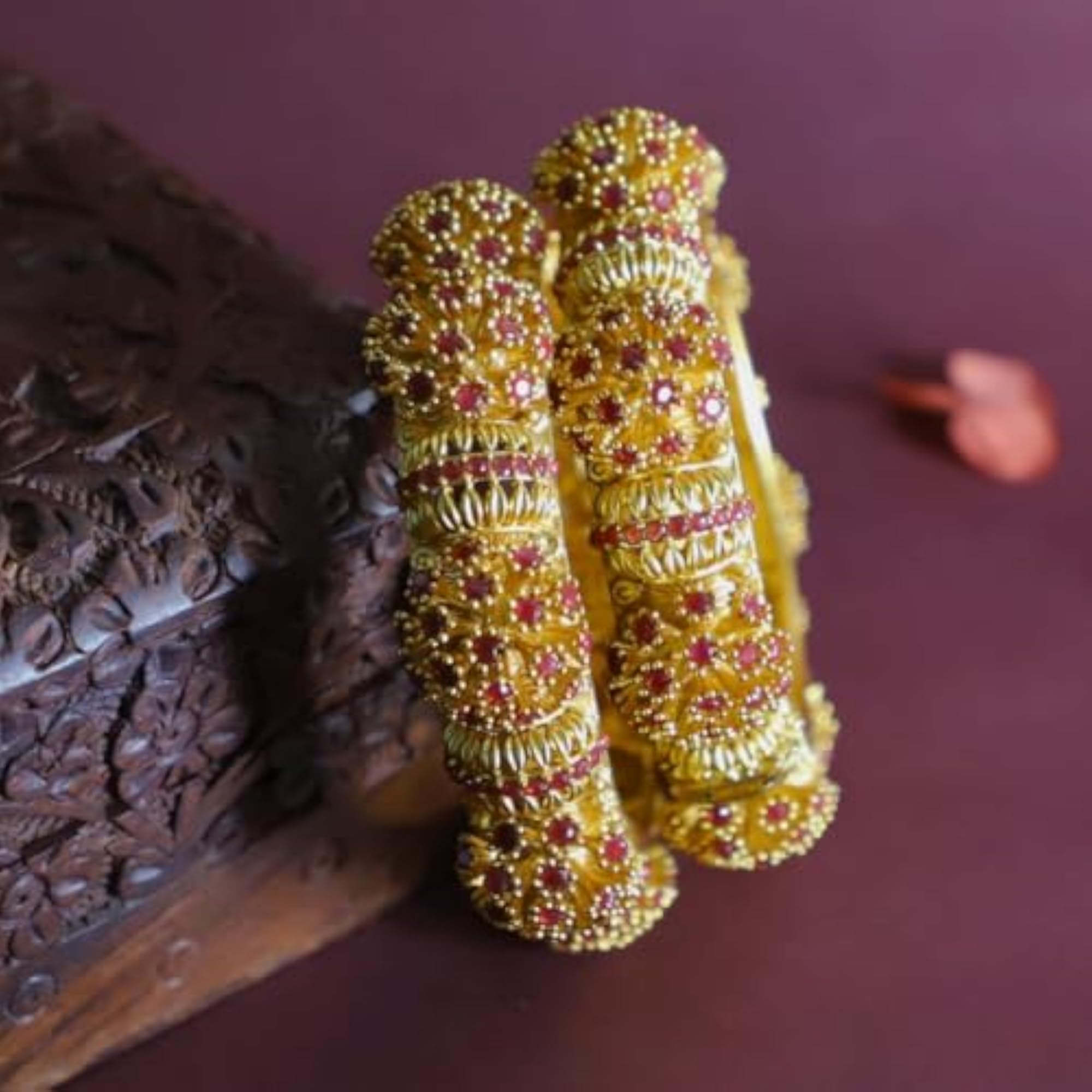 Traditional Antique-Plated Red Bangles Set for Bridal Kada