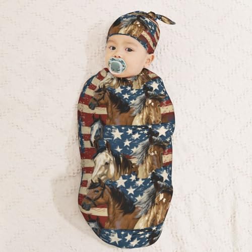 Image of Horses On American Flags Newborn Swaddle Blankets Hat Sets Soft Baby Receiving Blanket Swaddle Sack for Baby Shower Infant Boy Girl Gift