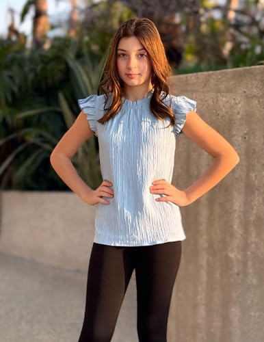 Image of Arshiner Girls Ruffle Short Sleeve Shirts Cute Summer Frill Neck Pleated Textured Blouse Tops