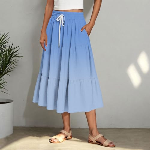 Skirts for Women Midi Length Stretch Waist Casual Drawstring Gradient Color Pleated Skirt Loose Trendy Flowy Clothes2