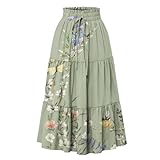 Women’s Ruffled Hem A Line Flowy Skirts with Pockets Elastic Waist Lightweight Midi Skirt Casual Drawstring Outfits