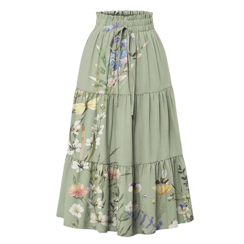 Women’s Ruffled Hem A Line Flowy Skirts with Pockets Elastic Waist Lightweight Midi Skirt Casual Drawstring Outfits