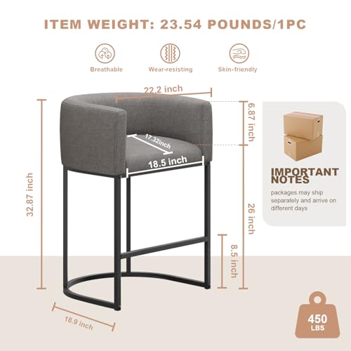 Image of 26 inch H Counter Height Bar Stools Set of 2, Modern Barrel Counter Stools with Backrest and Arms, Linen Fabric Upholstered Accent Barstools for Kitchen Island,Support 450 LBS (Gray)