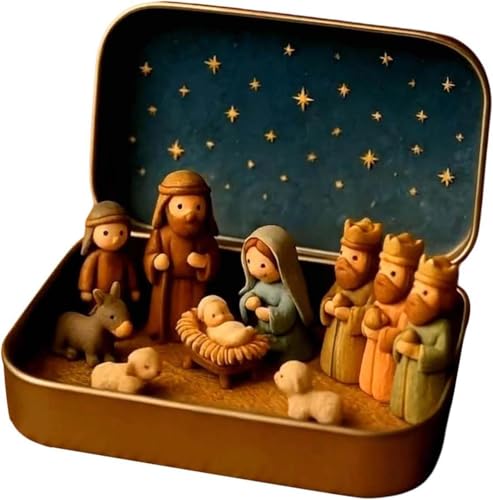 Set de minibelén de Navidad en una lata de metal, figuras de belén juego de belén Born Scene, pequeñas figuras de belén nativity Scene Gifts Tin, decoración navideña para el hogar, escritorio (#A)