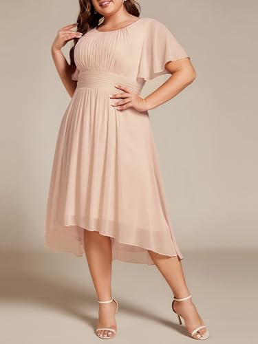 Image of Ever-Pretty Women's Plus Size Formal Wedding Guest Dresses for Curvy Women A Line Chiffon Midi High Low Cocktail Dress