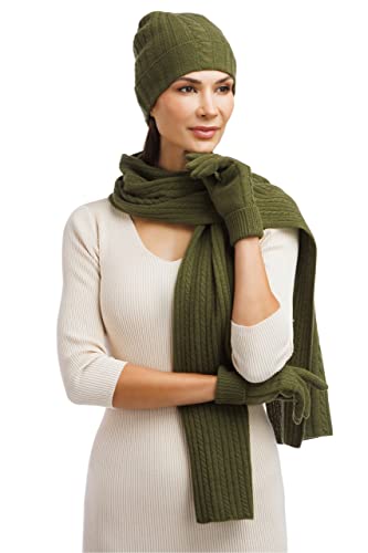 Fishers Finery Women's Pure Cashmere Cable Knit Hat Glove Scarf Set with Gift Box