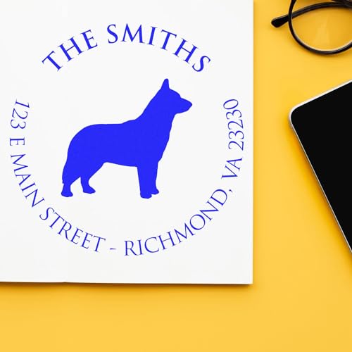 Self-Inking Round Blue Heeler Silhouette Home Address Stamp, Easy Press and Print Stamping, Available in 11 Ink Colors, Circular Design, Size 1-5/8" Dia.