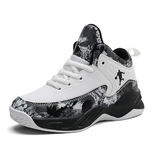 Geymxzik Basketballschuhe für Jungen Mädchen High Top Sneaker Outdoor Leicht Sportschuhe Kinder Basketballschuhe 30-41EU 661 weiß schwarz EU 39