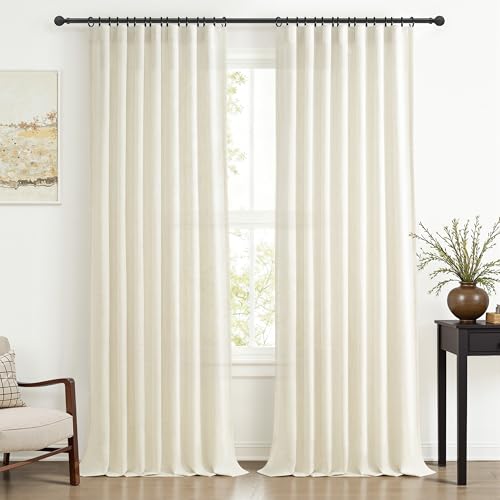 Cream Linen 108 Inch Curtains for Living Room, Extra Long Floor to Ceiling Luxury Pleated Semi Sheer Curtain with Hooks for Track System Window Beige Light Filtering Privacy Decor Drapes 2 Panels Set
