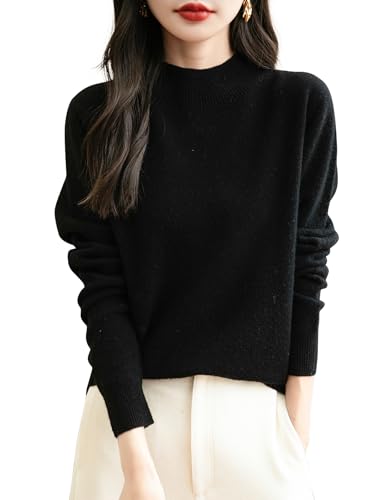 Chanyarn Maglione da Donna in 100% Lana Merino Collo Alto Demi Lavorato a Maglia Senza Cuciture a Maniche Lunghe (Black,M)