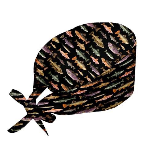 Vintage Fish Pattern Men Women Scrub Caps Surgical Cap with Sweatband Adjustable Tie-Back Lightweight Nursing Hats