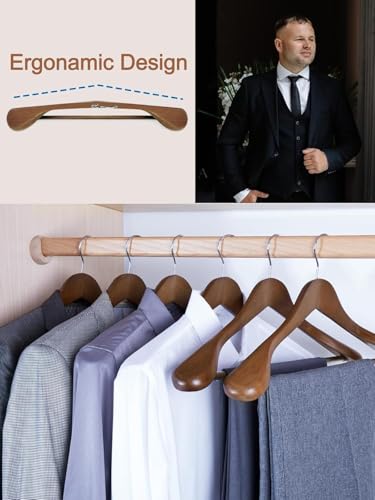 Image of Extra Wide Shoulder Wooden Coat Hangers | Heavy-Duty Wooden Hangers for Clothes | Non-Slip Suit Hanger with 360 Swivel Hook | Solid Wood Hanger for Coats & Jackets (4, Walnut)