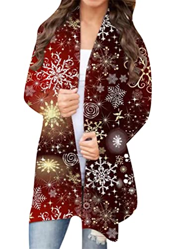 Omzin Women Fuzzy Open Mid-Length Coats Western Ethnic Print Top Casual Retro Casual Outwear Black Red Snowflake L #TOP11