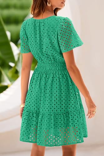 PRETTYGARDEN Womens 2026 Summer Short Dress V Neck Short Sleeve A Line Hollow Out Lace Cute Casual Beach Party Spring Dresses (Green,Small) — view 2