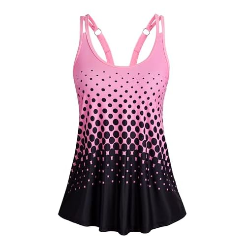 HUSKARY Tankini Tops for Women Loose Fit Modest Bathing Suits Flowy Swim Top No Bottom Pink Gradient Dots X-Large