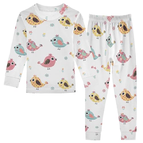 Pajama Sets Long Sleeve Cute Colorful Birds on White Soft Comfy Sleepwear 2 Piece PJS 3-8T