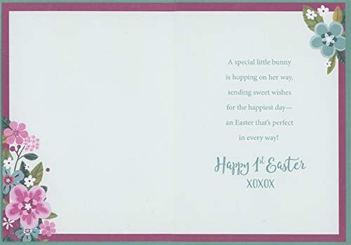 Designer Greetings Bunny With Closed Eyes : Pink, Blue And White Flowers Great-Granddaughter 1St : First Easter Card #TOP1