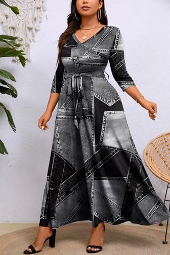 Image of Runwind Plus Size Dress for Women - 3 /4 Sleeve V Neck Maxi Dresses for Women (XL-6XL)