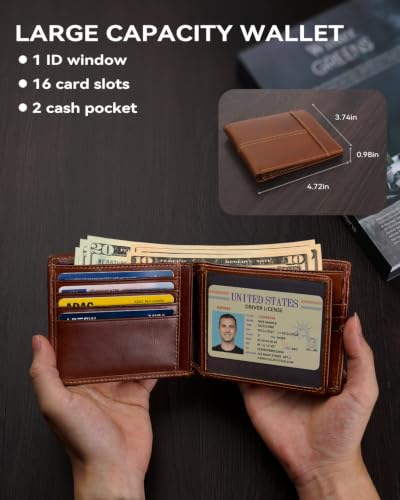 Image of Swallowmall Mens Wallet Rfid Blocking Leather Wallet for Men Bifold Wallets with 1 ID Window 16 Card Slot Brick Red