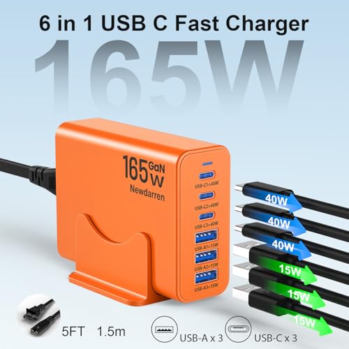 Image of 165W Charging Station, 6 Port Desktop Charger, 3 Ports 40W Orange | Multi-Device Charger, 3 PD USB C 40W and 3 15W USB A, Compatible with iPhone, Galaxy, MacBook, Tablets, Home Office, Travel