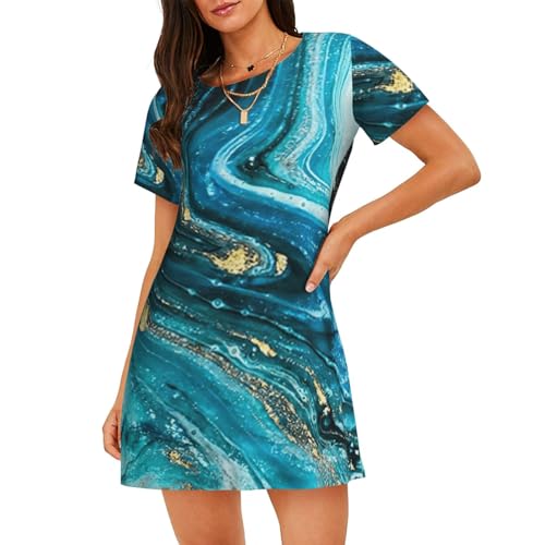 Chemise de nuit courte marbre turquoise et doré en satin fluide pour femme