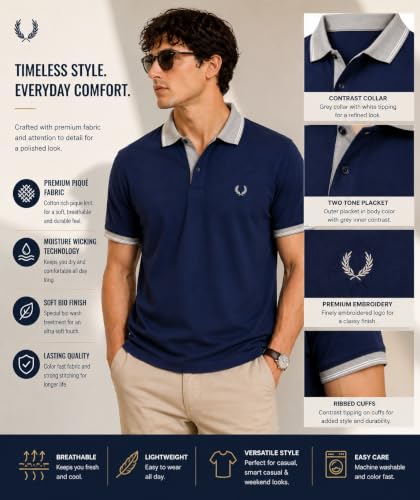 Image of Mens Pique Polo T-Shirt | Cotton Rich, Smart Fit Polo with Embroidered Logo | Casual & Sports Wear | Polo T-Shirt for Men